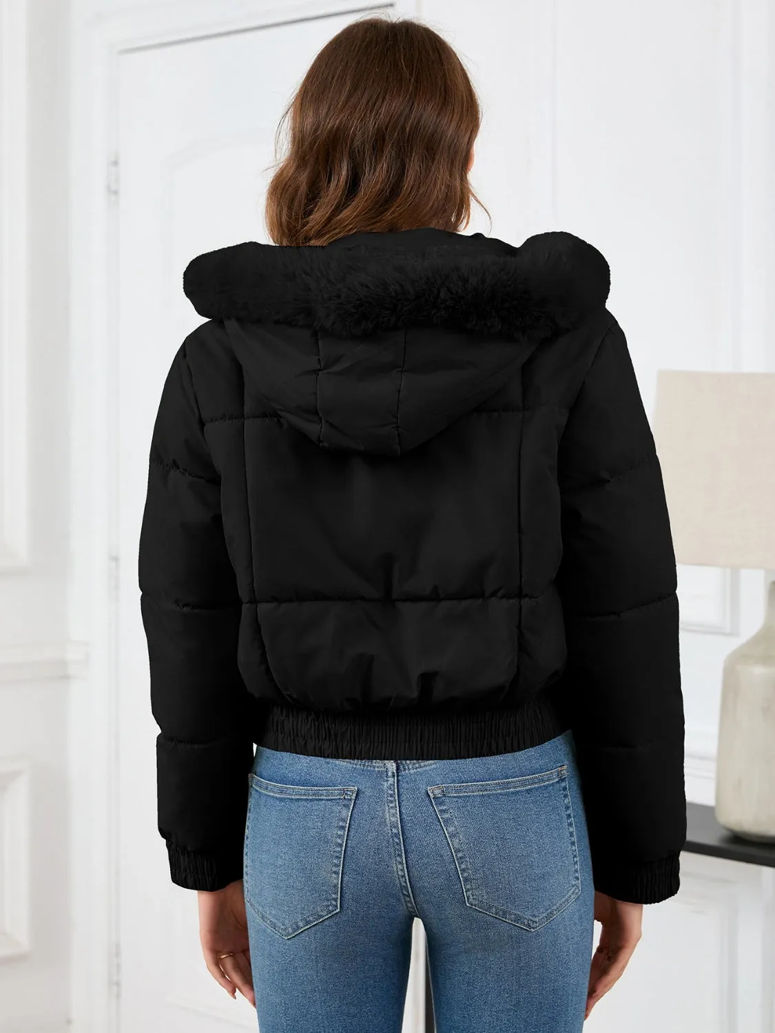 Cropped Hooded Winter Coat with Long Sleeves and Pockets