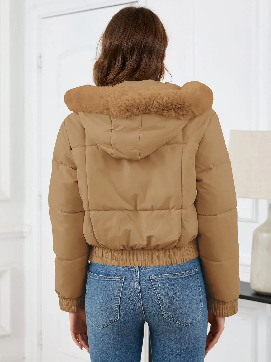 Cropped Hooded Winter Coat with Long Sleeves and Pockets