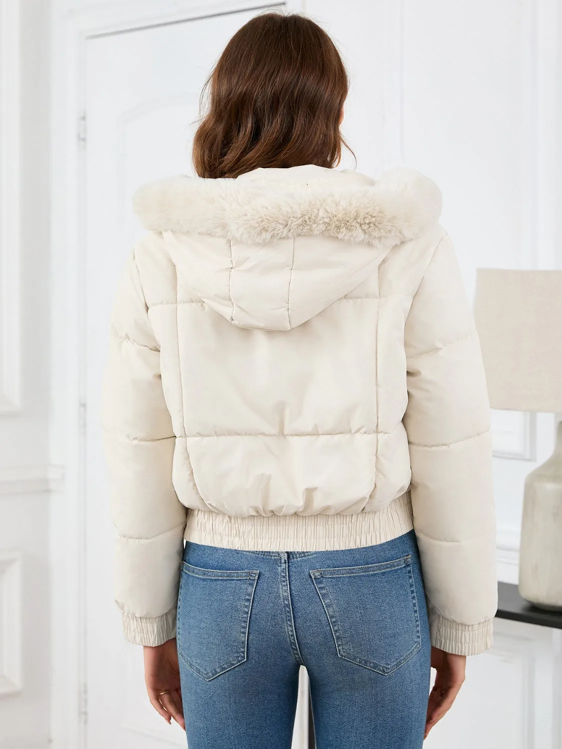 Cropped Hooded Winter Coat with Long Sleeves and Pockets