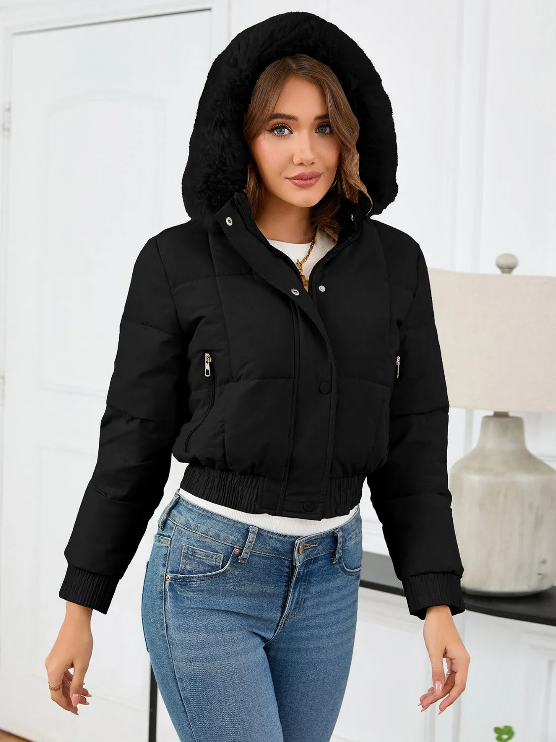 Cropped Hooded Winter Coat with Long Sleeves and Pockets