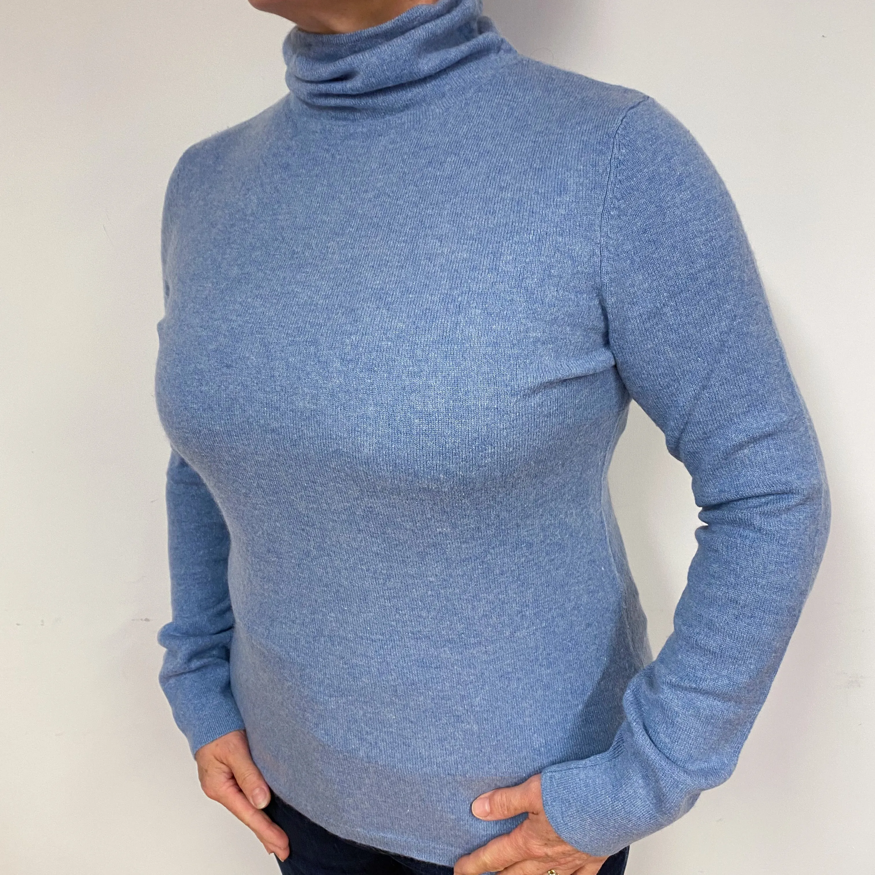 Denim Blue Cashmere Ruched Turtle Neck Jumper Large