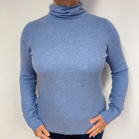 Denim Blue Cashmere Ruched Turtle Neck Jumper Large