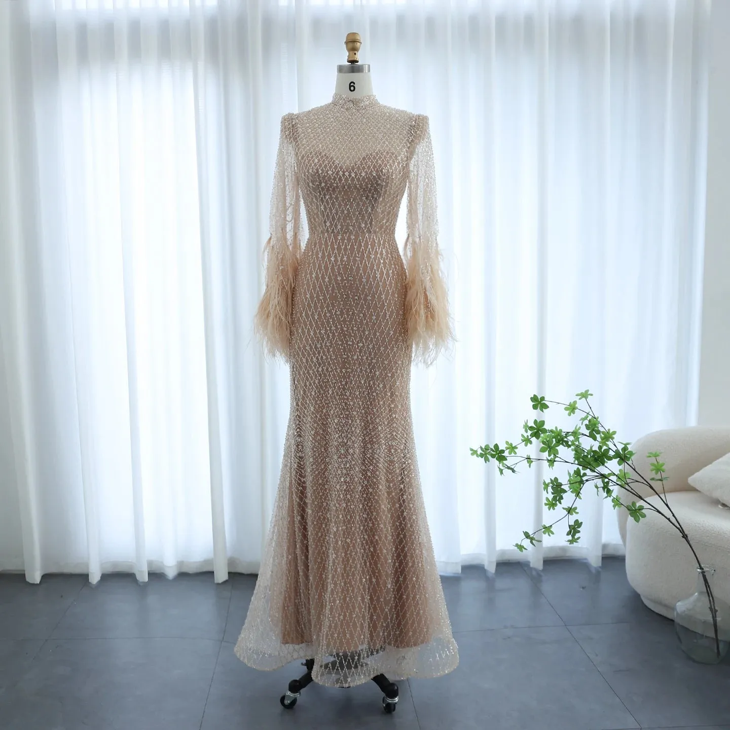 Feather Embellished Evening Gown with Long Sleeves