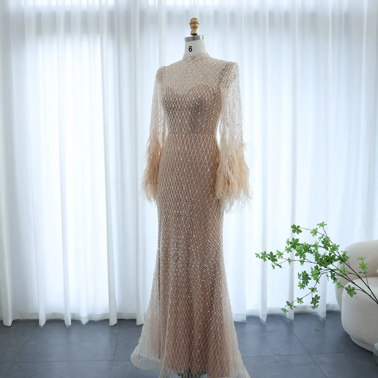 Feather Embellished Evening Gown with Long Sleeves