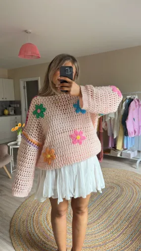 Floral Open Knitted Oversized Jumper in Pink