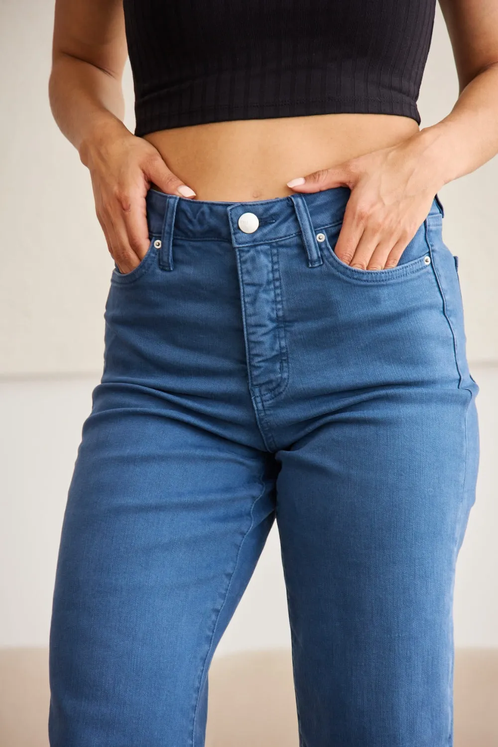 Full Size Tummy Control High Waist Raw Hem Jeans Blue Slate
