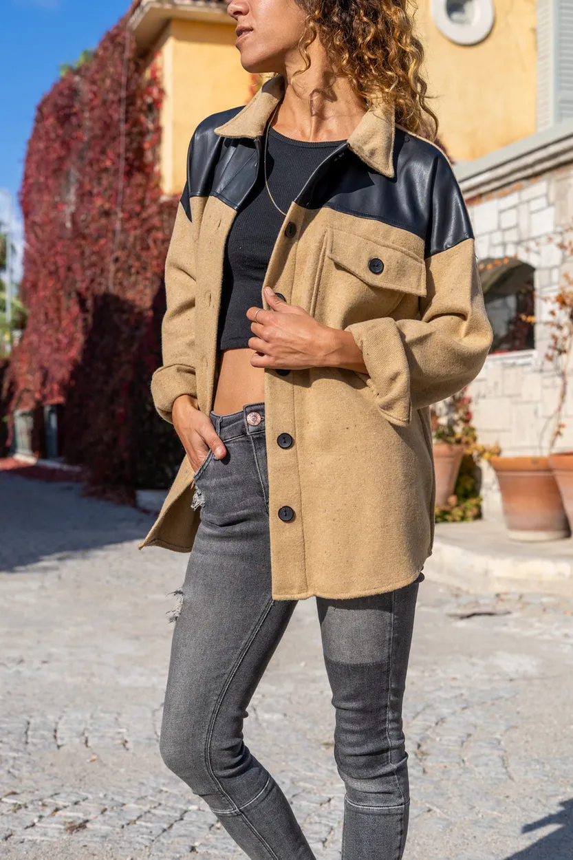 GNS Woman Camel Leather Trimmed Back Printed Wool Coat Shirt Bst3289 - San Adrián de Besós