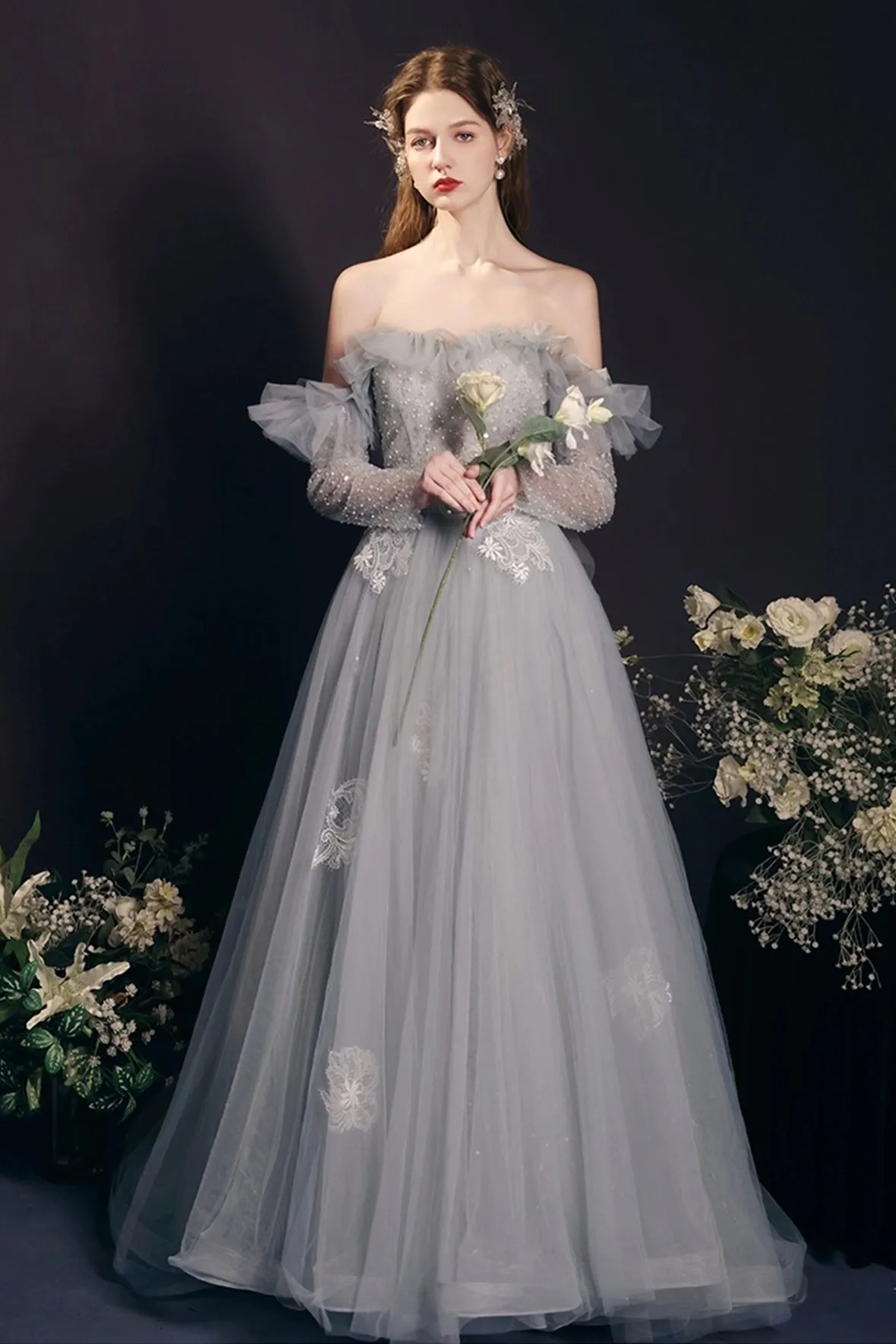 Gray Tulle Beads Long Prom Dress, Lovely A-Line Long Sleeve Evening Dress
