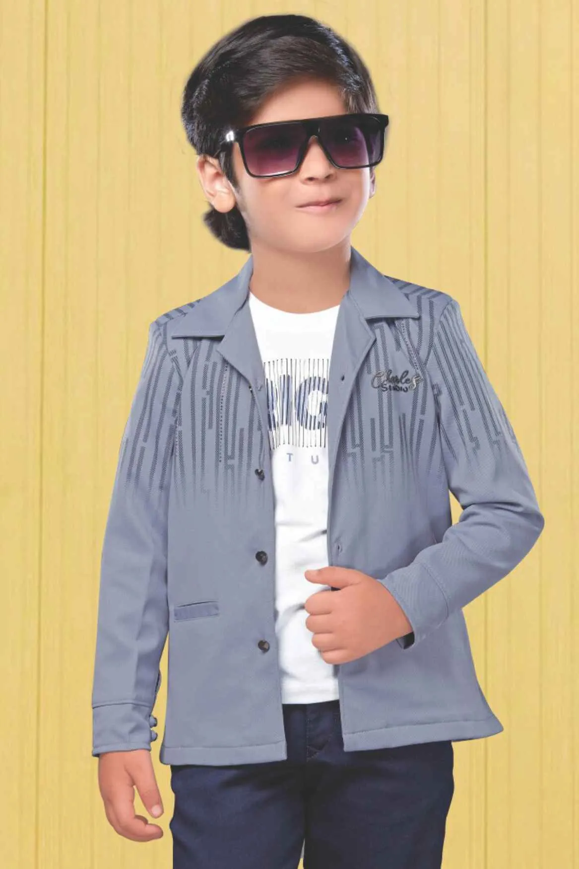 Grey Overcoat With White T-shirt And Pant Set For Boys
