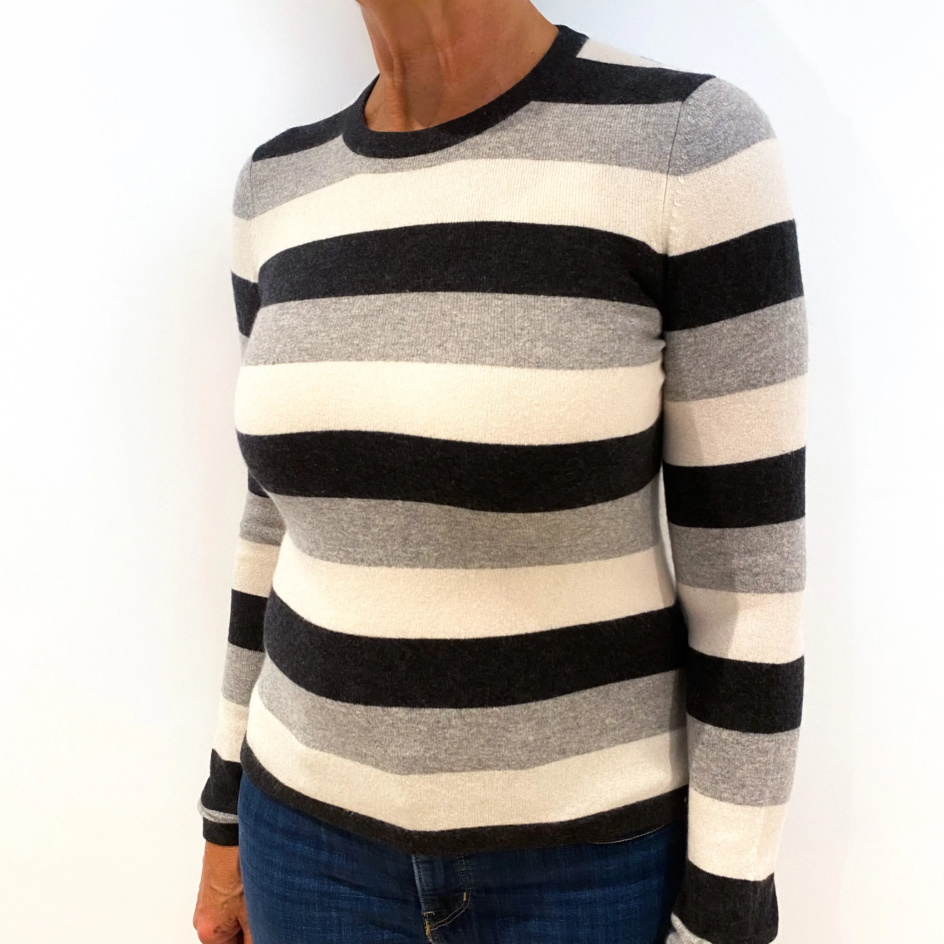 Grey Striped Cashmere Crew Neck Jumper Medium