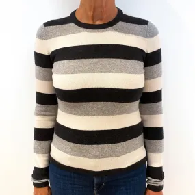 Grey Striped Cashmere Crew Neck Jumper Medium