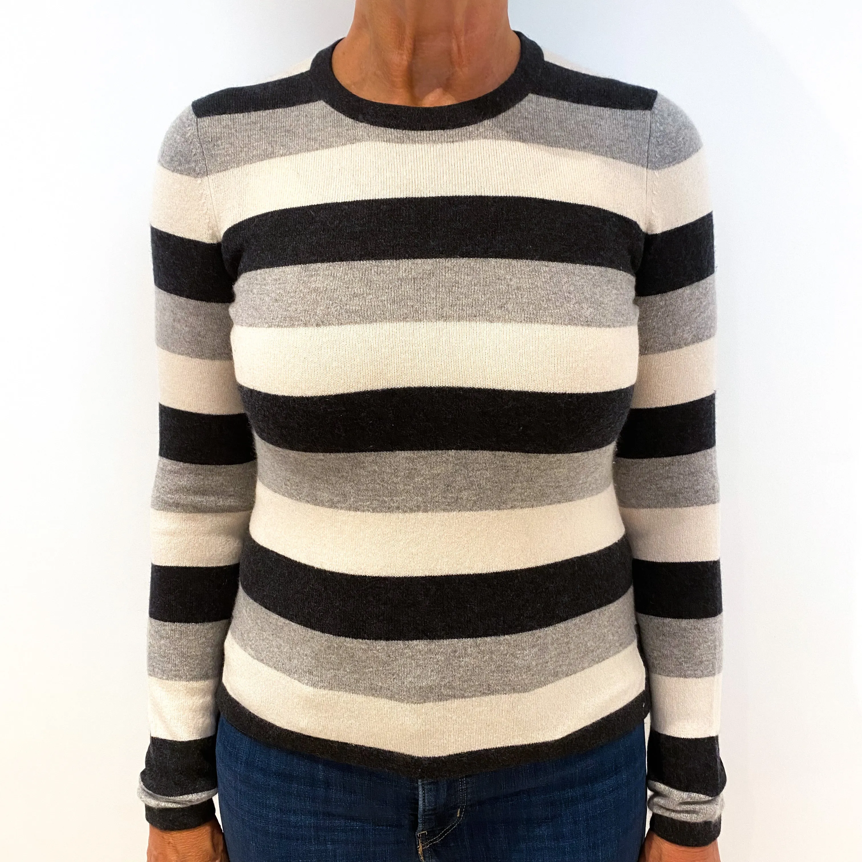 Grey Striped Cashmere Crew Neck Jumper Medium