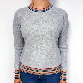 Grey Waffle Rainbow Trim Cashmere Crew Neck Jumper Small