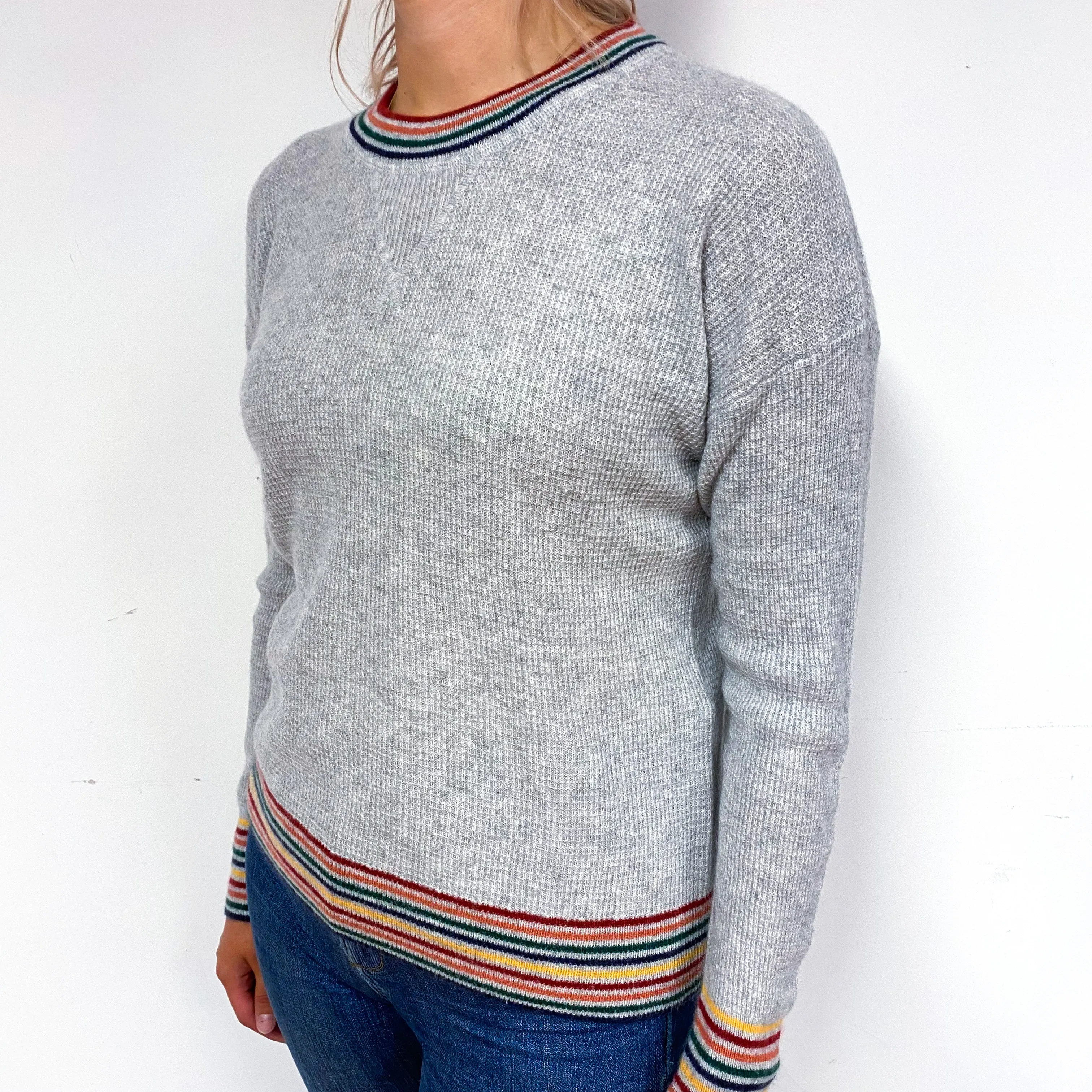 Grey Waffle Rainbow Trim Cashmere Crew Neck Jumper Small