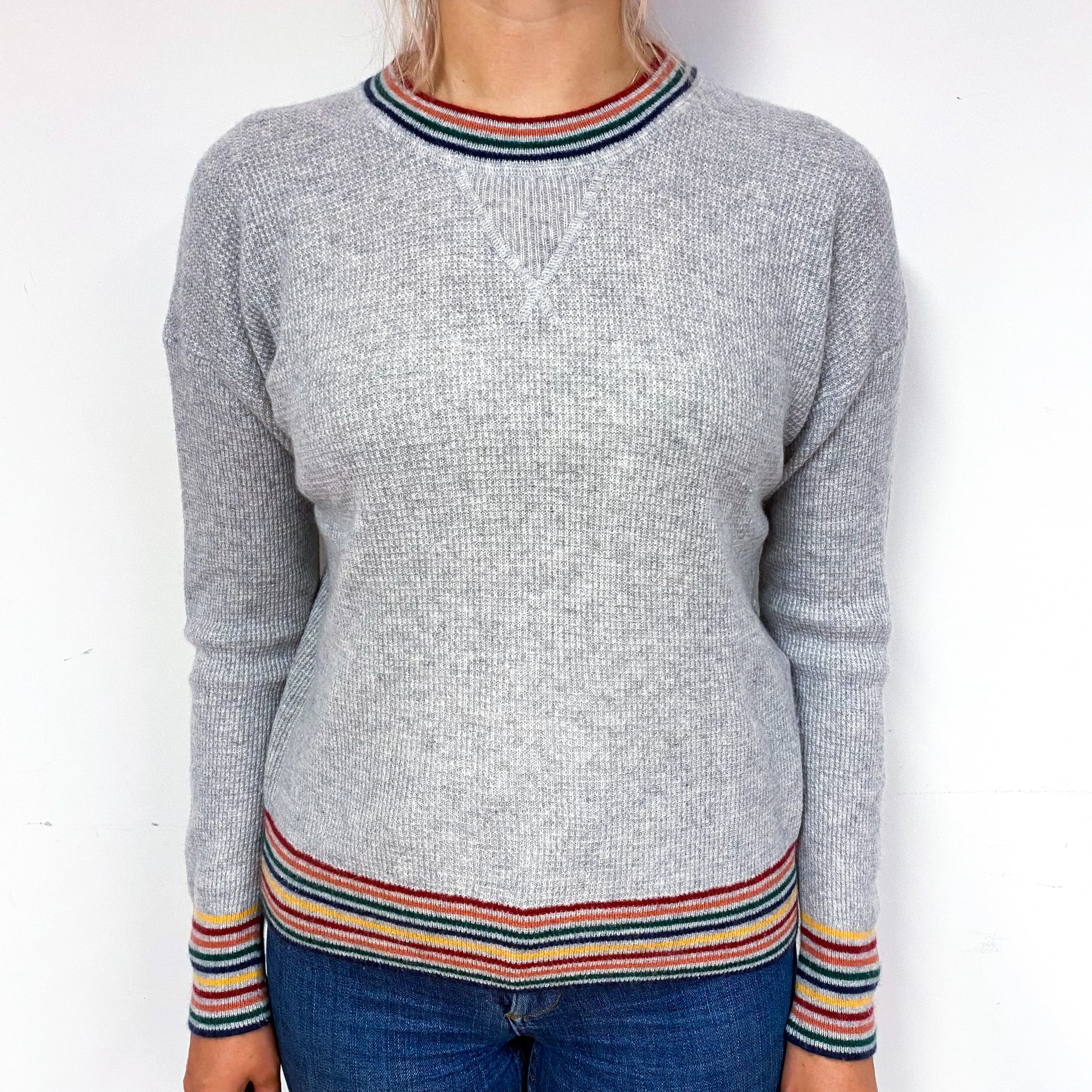 Grey Waffle Rainbow Trim Cashmere Crew Neck Jumper Small