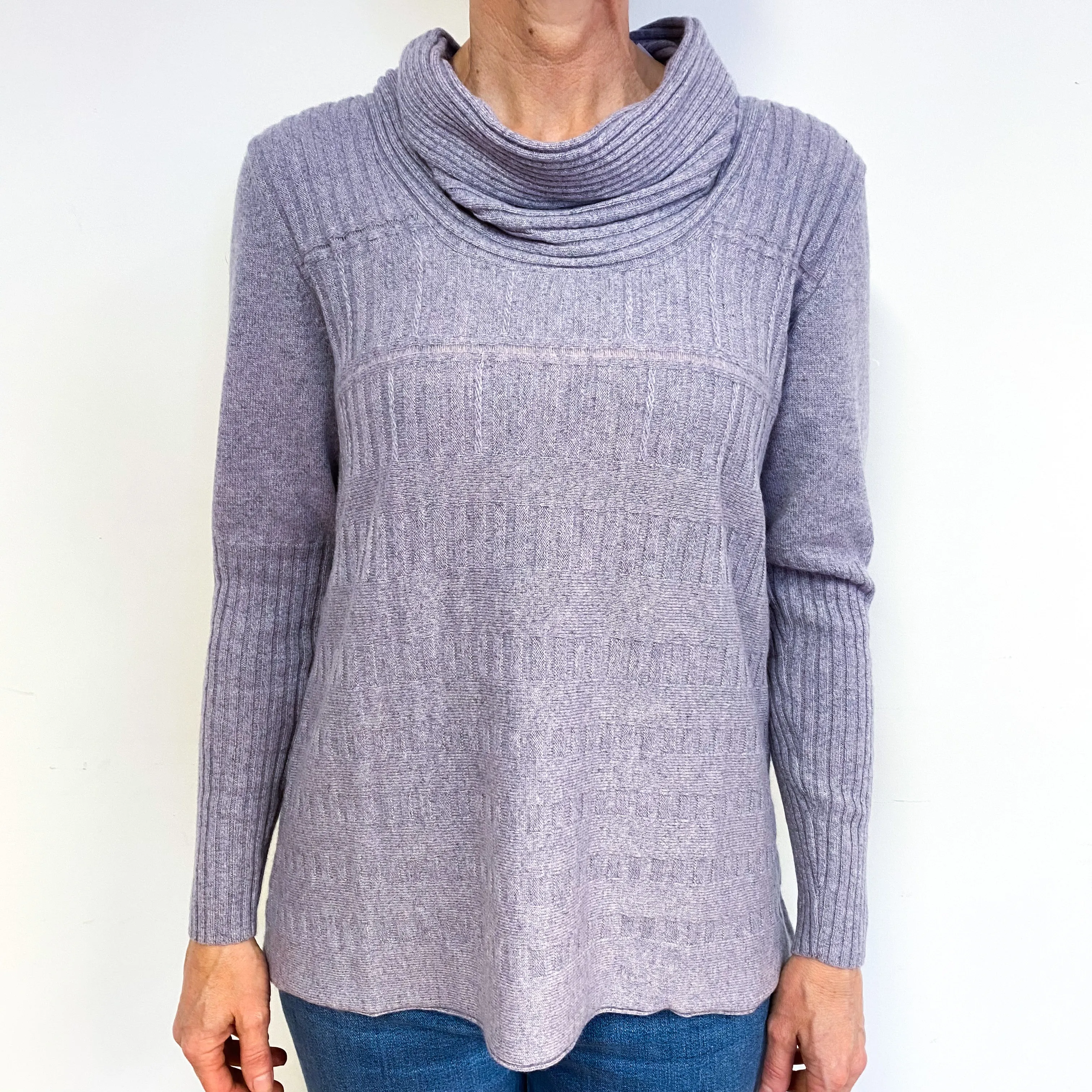 Heather Grey Ribbed Cashmere Cowl Neck Jumper Medium