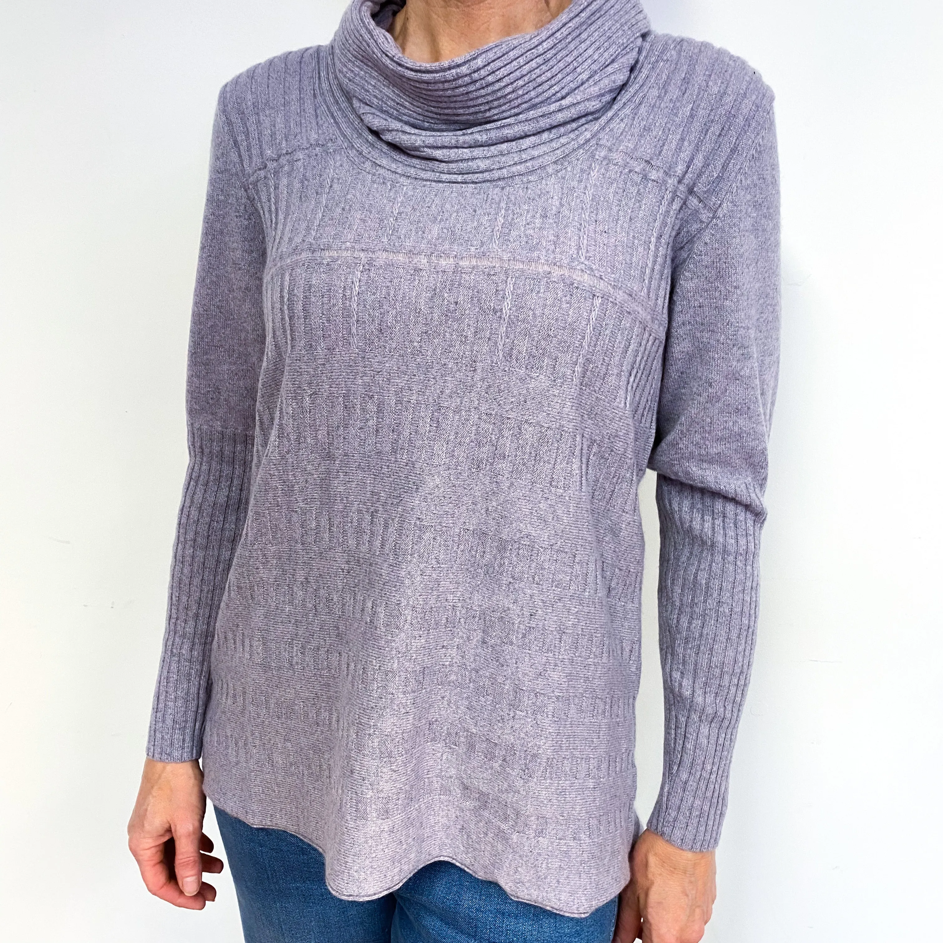 Heather Grey Ribbed Cashmere Cowl Neck Jumper Medium