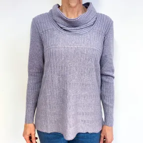Heather Grey Ribbed Cashmere Cowl Neck Jumper Medium