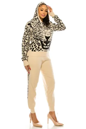 Knitted Leopard Hoodie Set