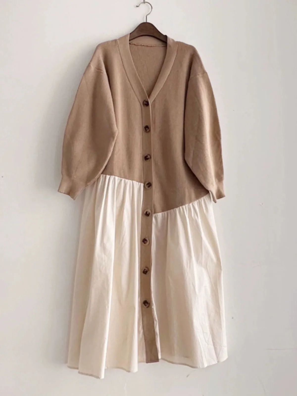 Loose V-Neck Split-joint Khaki Dress