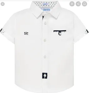 Mayoral Baby Boys Dress Shirt Sleeved White Shirt with Navy Details. Sizes 6M to 36M