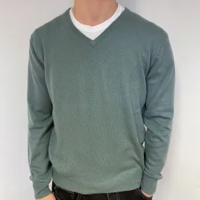 Men’s Muted Green Cashmere V-Neck Jumper Medium