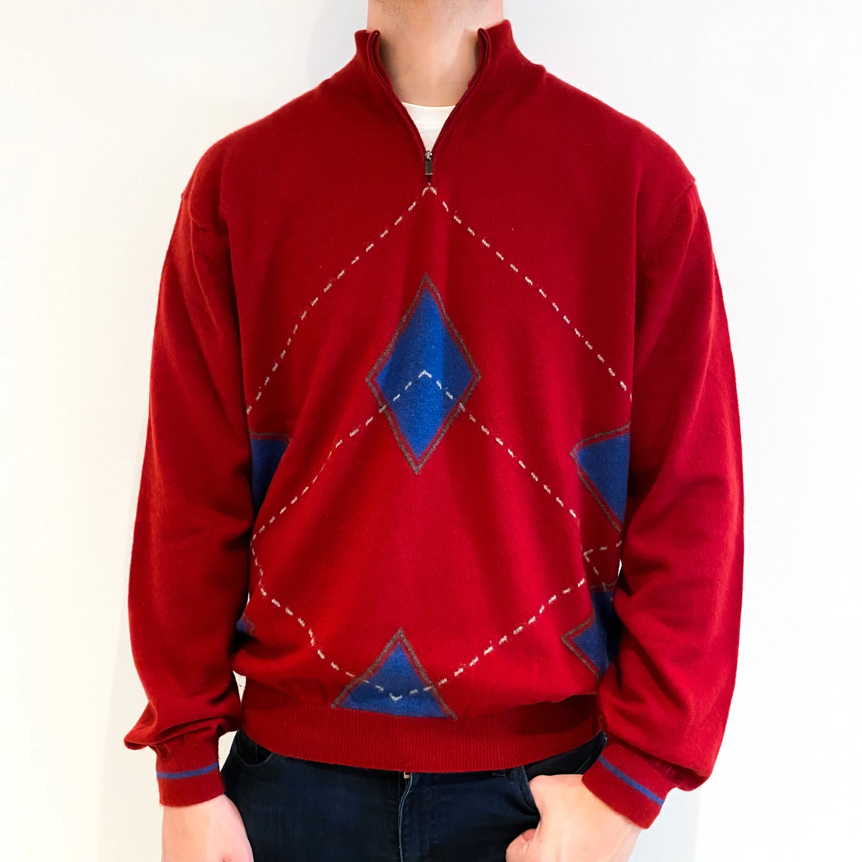 Men's Red Blue Diamond Cashmere 1/4 Zip Jumper Extra Large