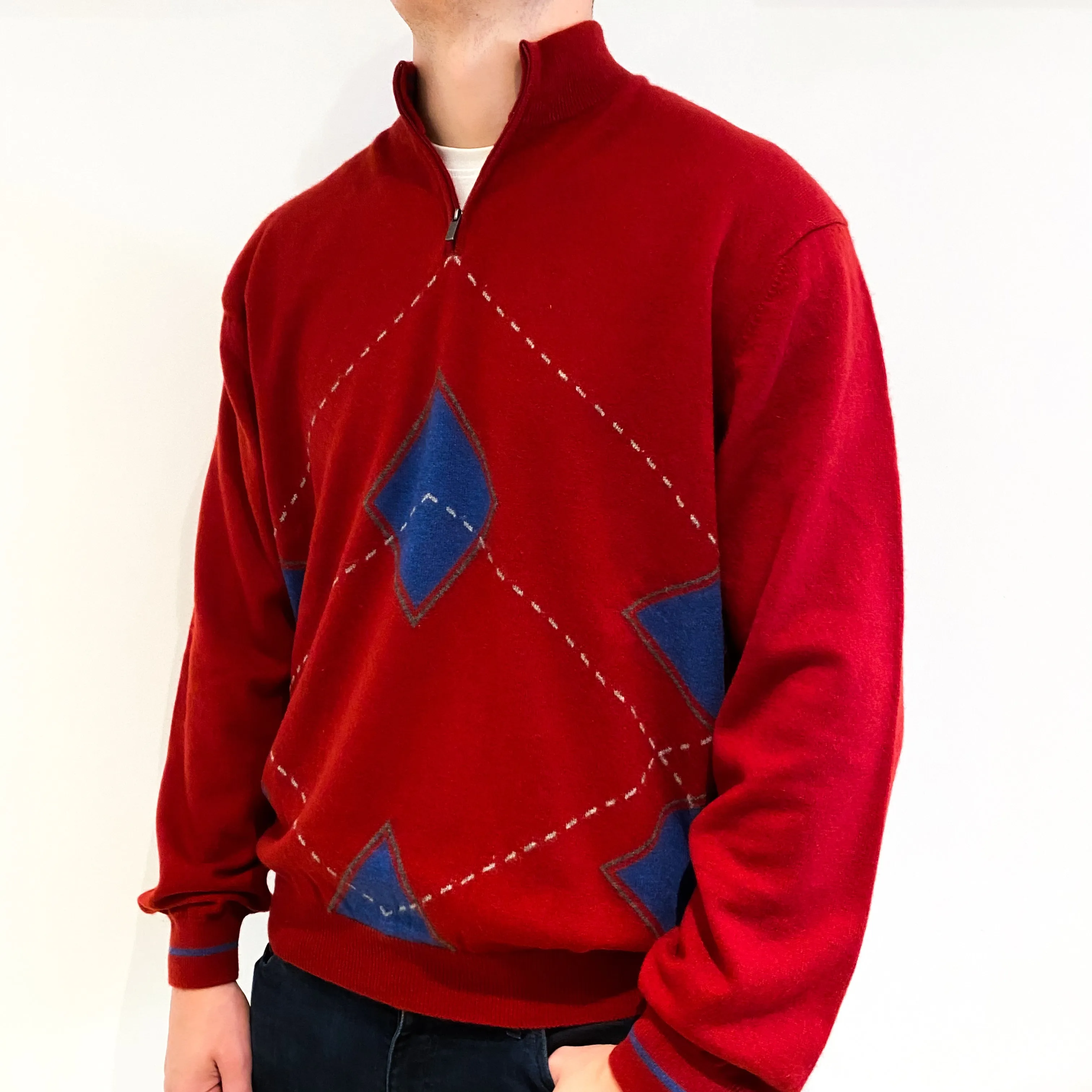 Men's Red Blue Diamond Cashmere 1/4 Zip Jumper Extra Large