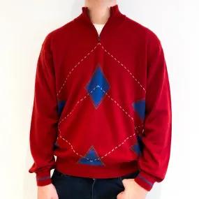 Men's Red Blue Diamond Cashmere 1/4 Zip Jumper Extra Large