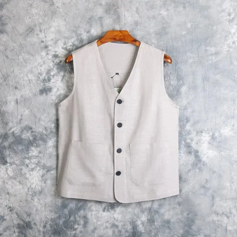 Men's Vest Dress Linen Cotton Waistcoat Jacket Male Formal Gilet For Mens Jeans Summer Casual Business Victorian Clothing