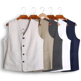 Men's Vest Dress Linen Cotton Waistcoat Jacket Male Formal Gilet For Mens Jeans Summer Casual Business Victorian Clothing