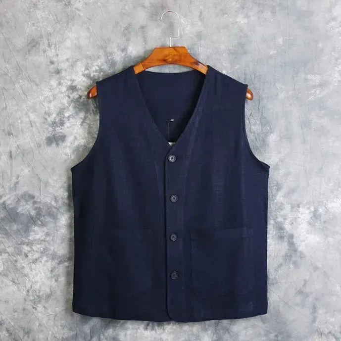 Men's Vest Dress Linen Cotton Waistcoat Jacket Male Formal Gilet For Mens Jeans Summer Casual Business Victorian Clothing