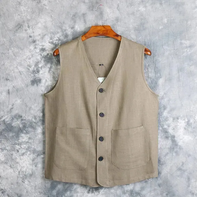 Men's Vest Dress Linen Cotton Waistcoat Jacket Male Formal Gilet For Mens Jeans Summer Casual Business Victorian Clothing