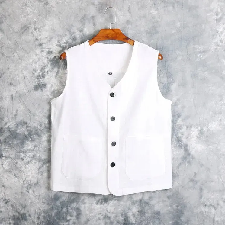 Men's Vest Dress Linen Cotton Waistcoat Jacket Male Formal Gilet For Mens Jeans Summer Casual Business Victorian Clothing