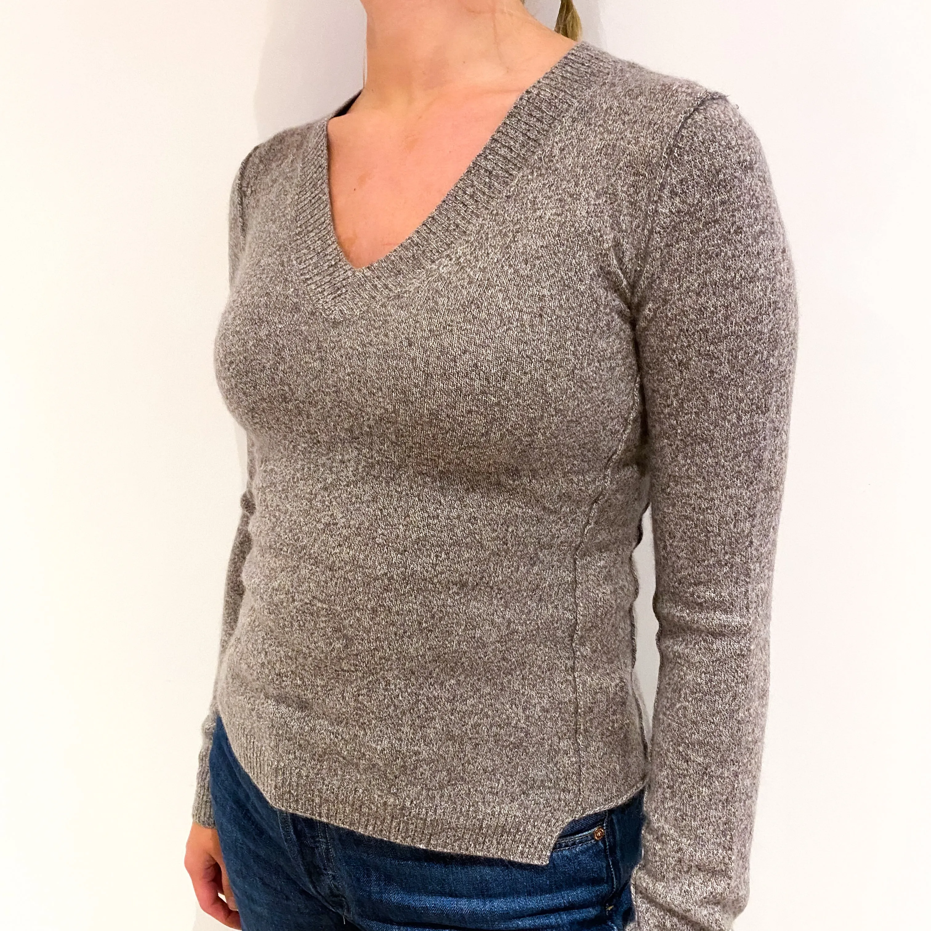 Mocha Brown Marl Cashmere V-Neck Jumper Small