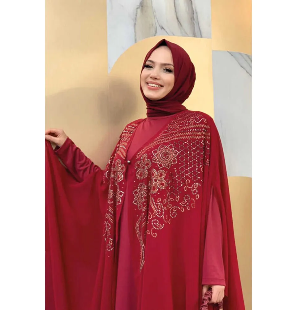 Modern Muslim Woman's Two Piece Butterfly Abaya - 3651 - Red