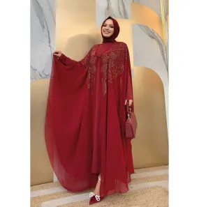 Modern Muslim Woman's Two Piece Butterfly Abaya - 3651 - Red