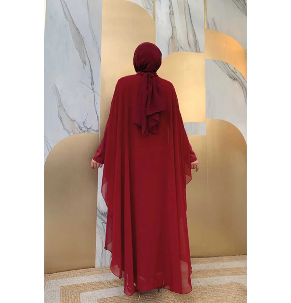 Modern Muslim Woman's Two Piece Butterfly Abaya - 3651 - Red