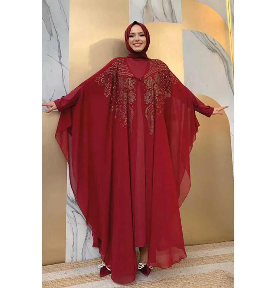 Modern Muslim Woman's Two Piece Butterfly Abaya - 3651 - Red