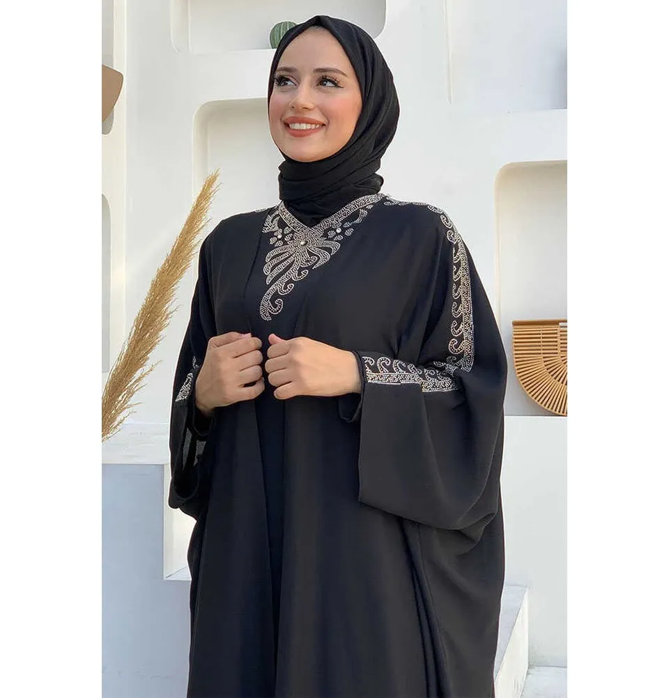 Modest Muslim Woman's Two Piece Butterfly Abaya with Silver Sequins - 8499 - Black