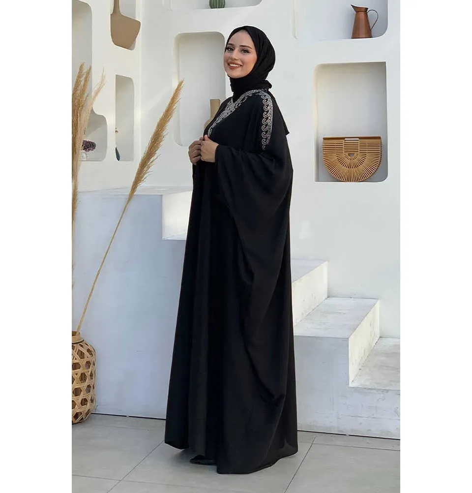 Modest Muslim Woman's Two Piece Butterfly Abaya with Silver Sequins - 8499 - Black