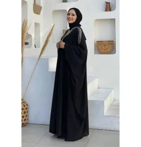 Modest Muslim Woman's Two Piece Butterfly Abaya with Silver Sequins - 8499 - Black