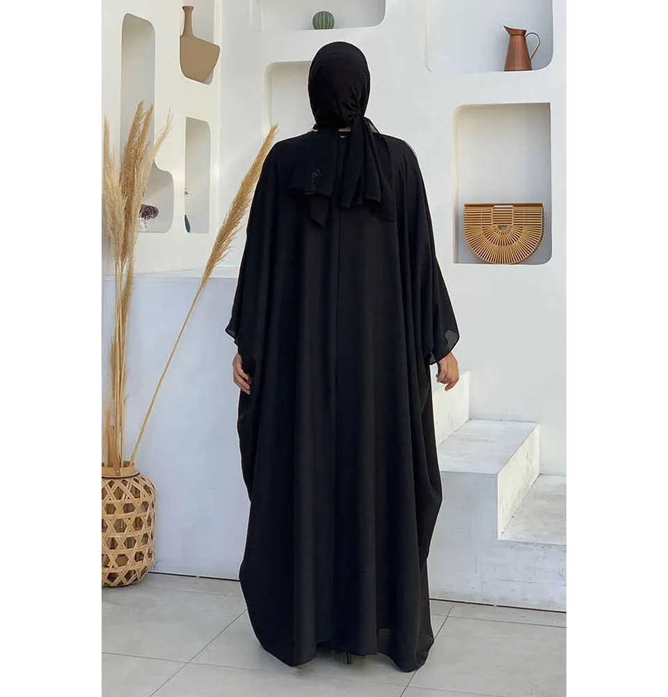 Modest Muslim Woman's Two Piece Butterfly Abaya with Silver Sequins - 8499 - Black