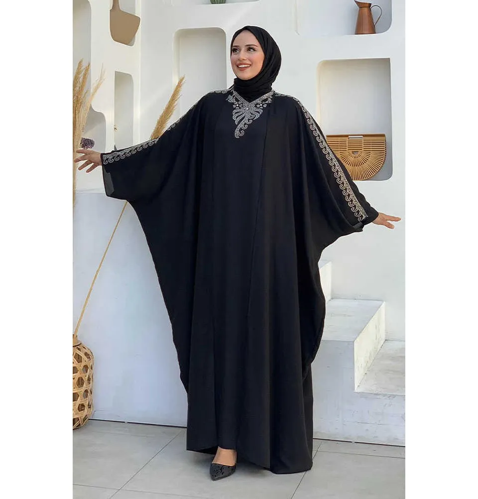 Modest Muslim Woman's Two Piece Butterfly Abaya with Silver Sequins - 8499 - Black
