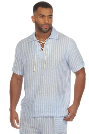 Mojito Men's Causal Beach Resort Wear Shirt with Pinstripe Print Linen Blend Short Sleeve Lace Up Neckline