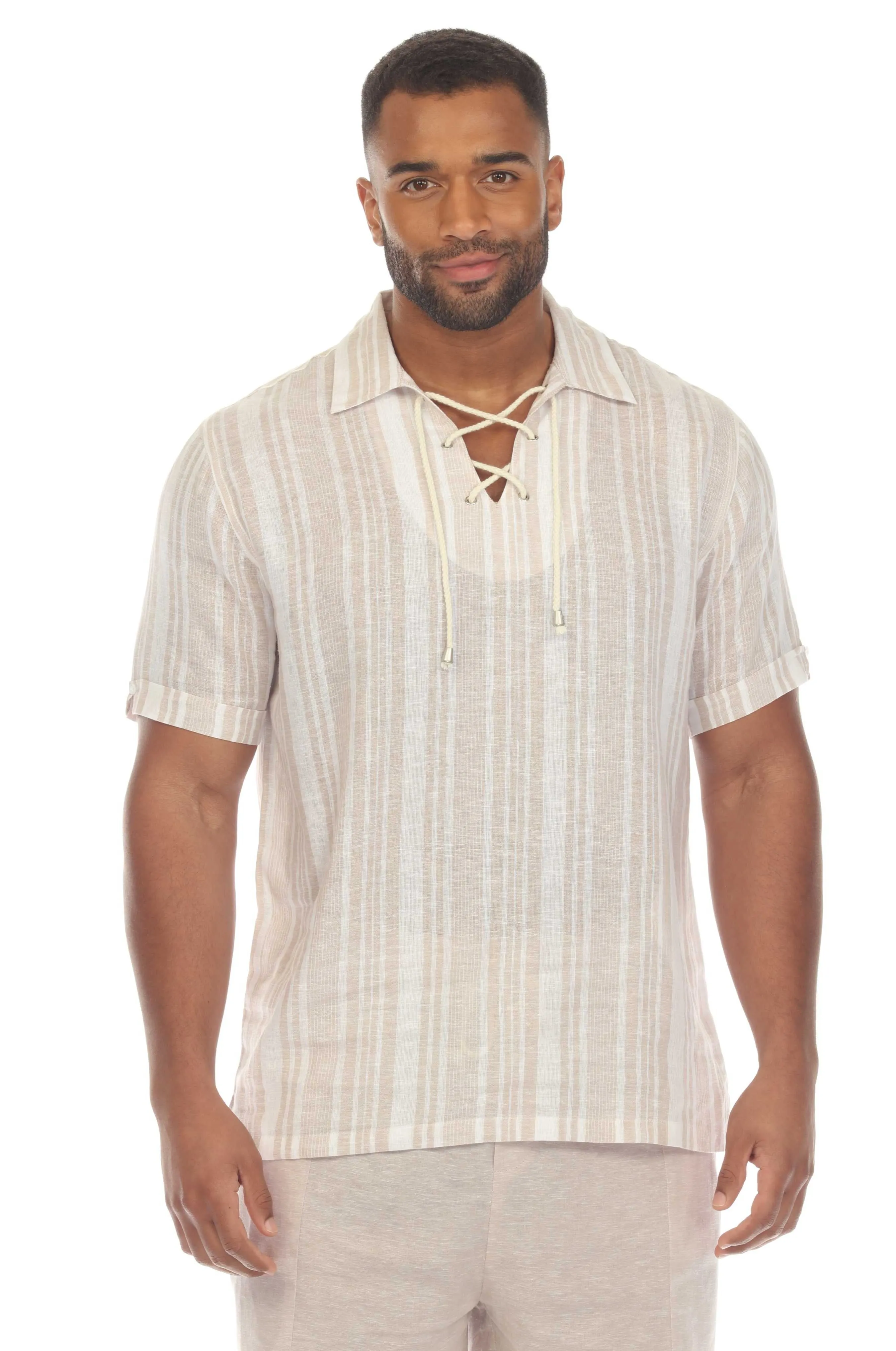 Mojito Men's Causal Beach Resort Wear Shirt with Pinstripe Print Linen Blend Short Sleeve Lace Up Neckline