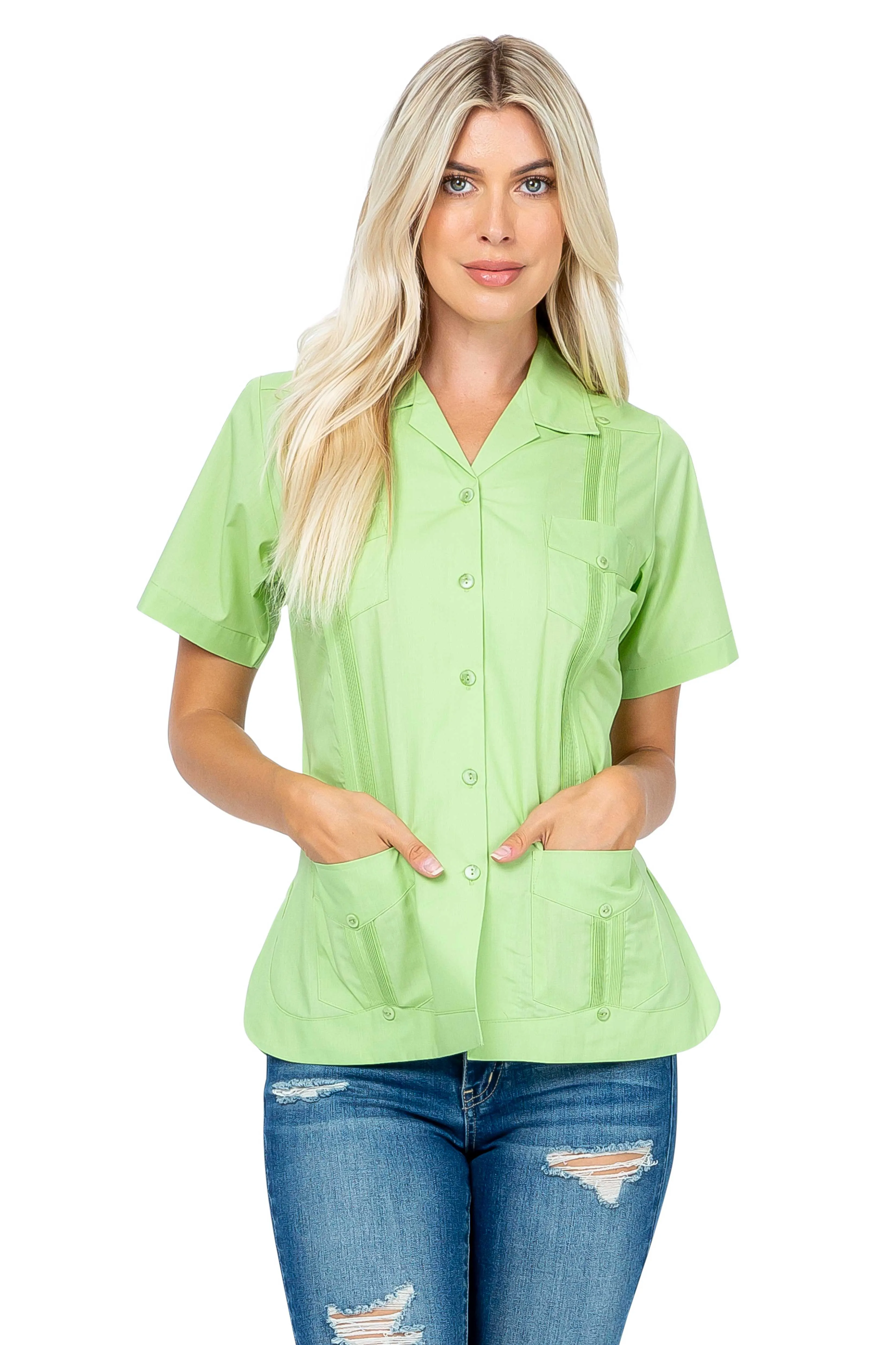 Mojito Women's Traditional Guayabera Shirt Cotton Blend 4 Pocket Design Short Sleeve