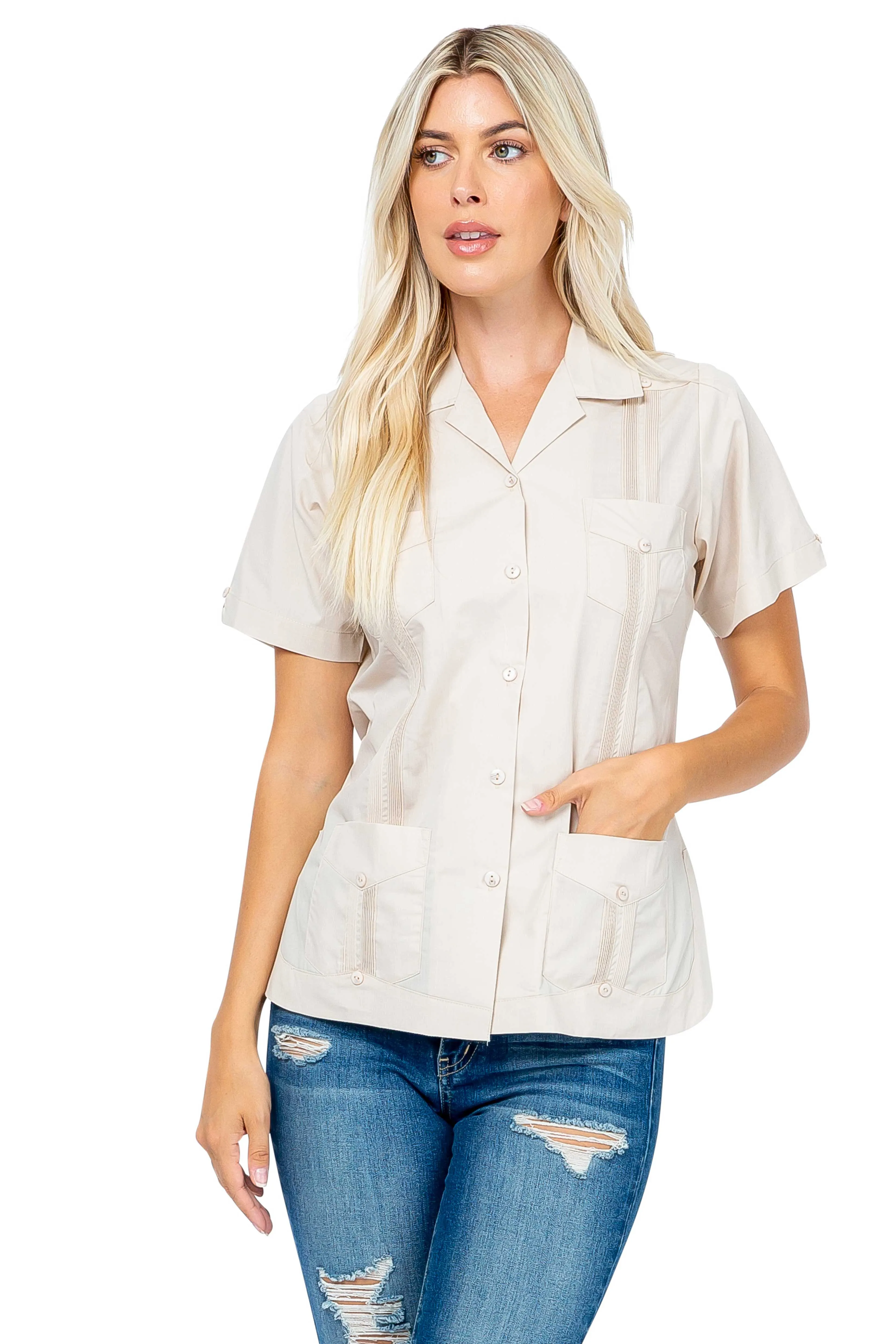 Mojito Women's Traditional Guayabera Shirt Cotton Blend 4 Pocket Design Short Sleeve