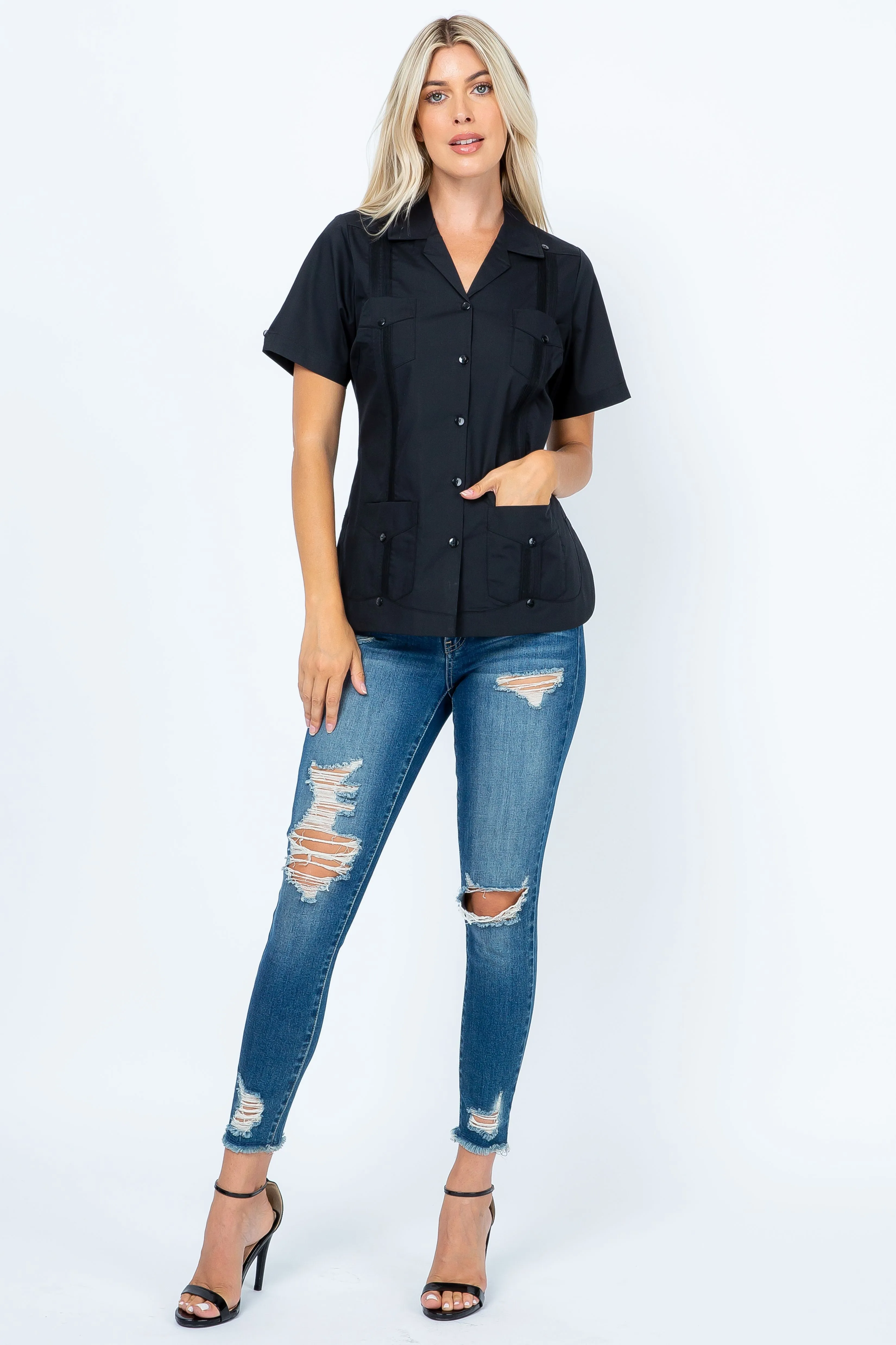 Mojito Women's Traditional Guayabera Shirt Cotton Blend 4 Pocket Design Short Sleeve