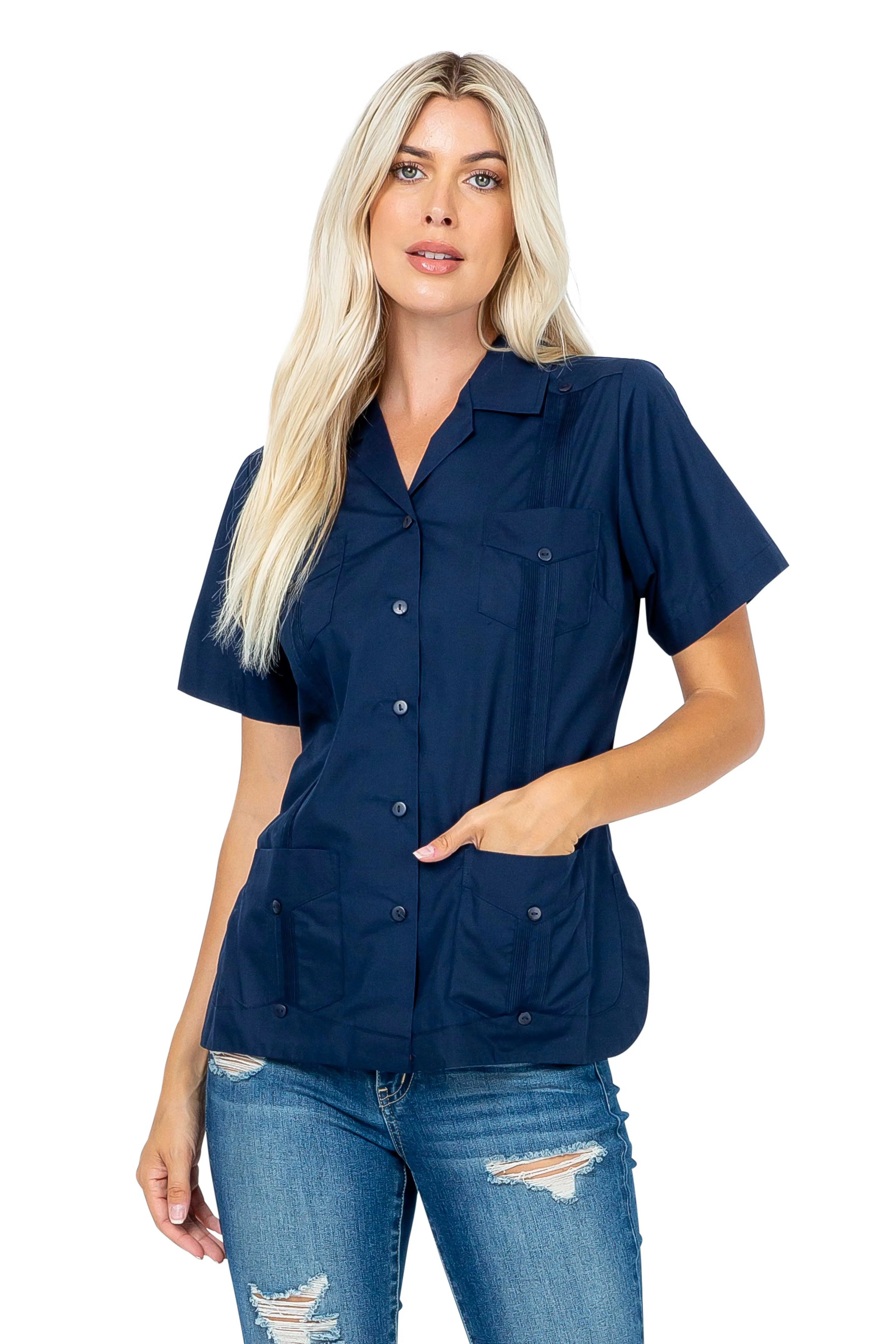 Mojito Women's Traditional Guayabera Shirt Cotton Blend 4 Pocket Design Short Sleeve